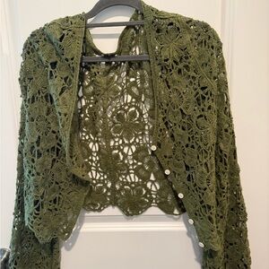 Elegant Olive Green Crochet Sweater size L